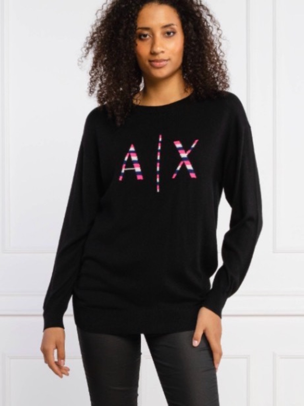 A|X Armani Exchange Black Logo Sweater Multicolor Striped Details Oversized  S